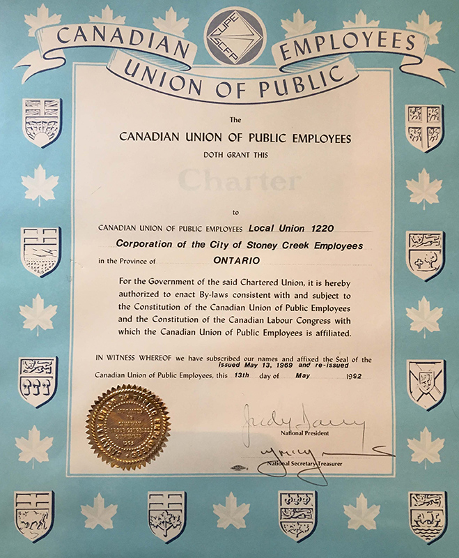 Local 1220’s CUPE charter, 1992. Courtesy of CUPE Local 5167.