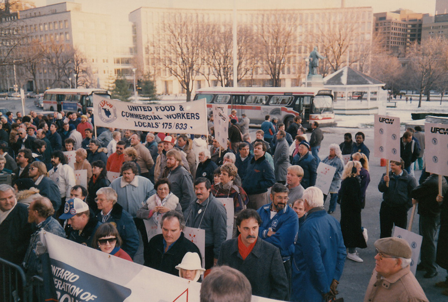 Ontario Federation of Labour delegates protesting Liquor Control Board cuts. Local 5 President Jim Keenan President (looking at camera) and, to his right, Local 167’s Anna Rowtuski, ca. 1986. Courtesy of Ed Thomas.