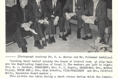 Local 5’s 1963 negotiating committee. From left: President W.J. Gardner; Secretary F.O. Rogers; Arthur Risley, National Representative; Vice President Stan Roberts; and Executive-at-Large Clifford Wolfe. Courtesy of The Outsider, August 1963, William Ready Division of Archives and Research Collections, McMaster University.