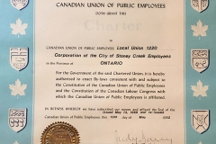 Local 1220’s CUPE charter, 1992. Courtesy of CUPE Local 5167.