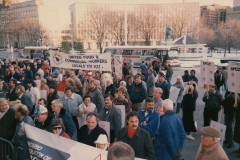 Ontario Federation of Labour delegates protesting Liquor Control Board cuts. Local 5 President Jim Keenan President (looking at camera) and, to his right, Local 167’s Anna Rowtuski, ca. 1986. Courtesy of Ed Thomas.
